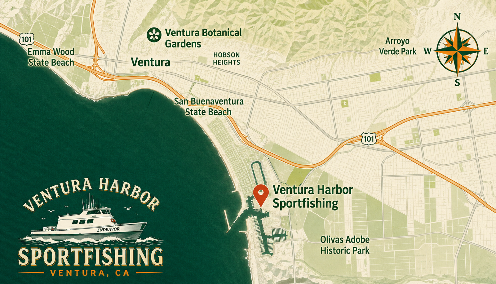 Map showing Ventura Harbor Sportfishing at 1500 Anchors Way Drive, Ventura